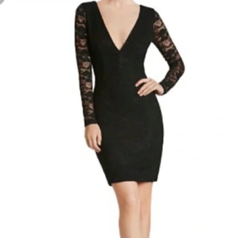Dress The Population Erica Long Sleeve Plunge Lace Body Con Dress in Black sz XS